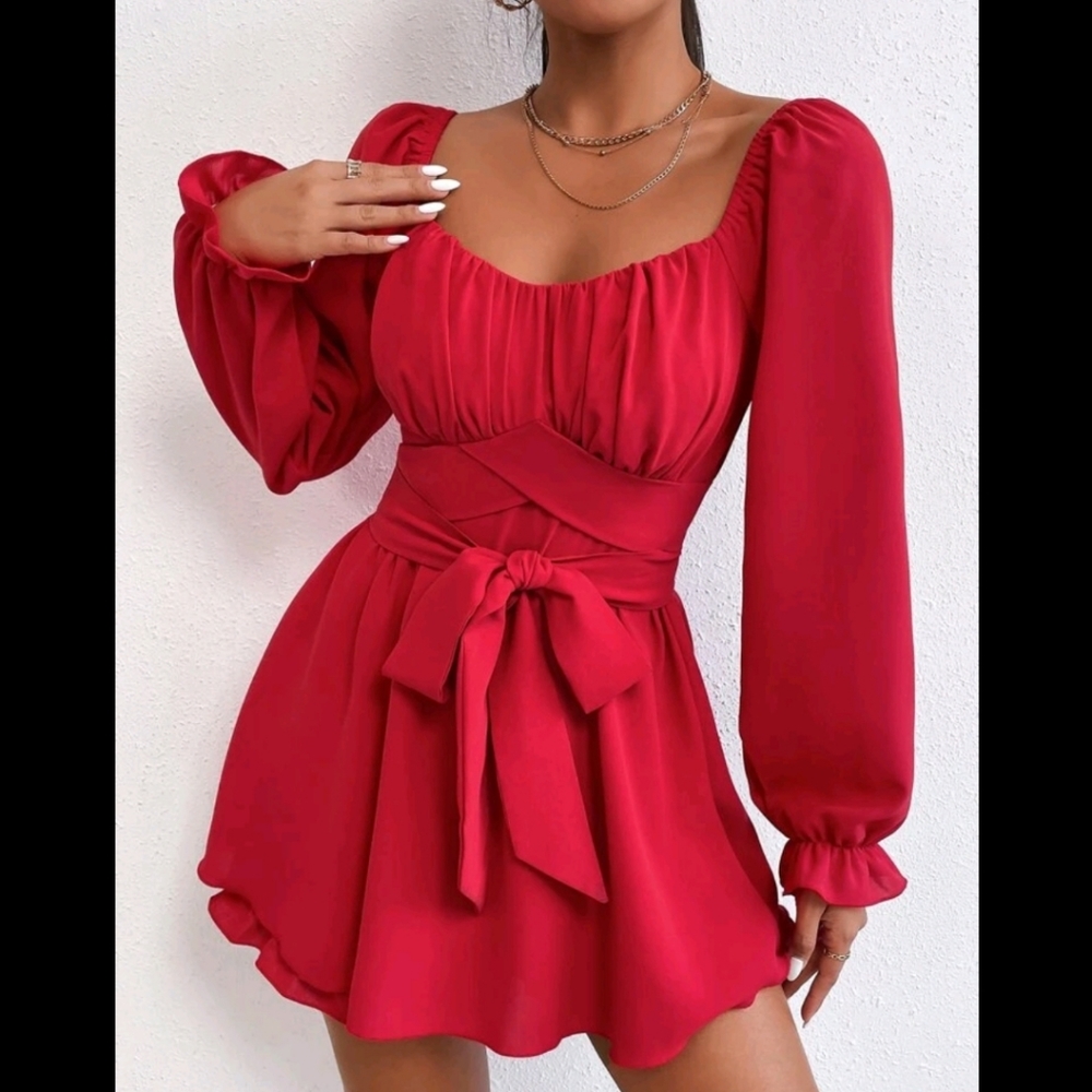 PETITE Ruched Bust Flounce Sleeve Belted Dress